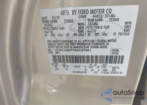 2010 Ford Escape Xlt from USA, damaged, VIN 1FMCU0D77AKC67081